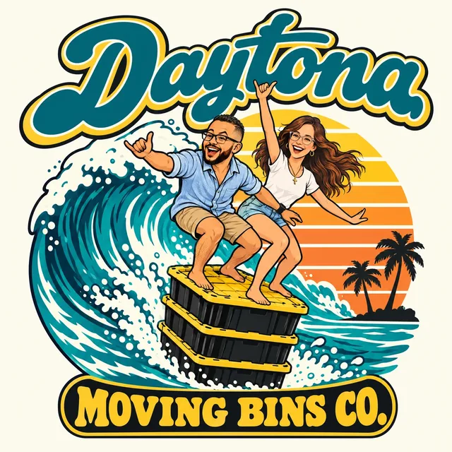 Daytona Moving Bins Co. logo: the owners surfing a wave on a stack of black totes with yellow lids